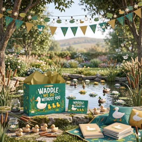 Hkshaoda Waddle We Do Without You Duck Gift Bag Set with Tissue Paper and Card, Large Farewell Party Favor Bags for Goodbye, Retirement, Graduation, Teacher Appreciation, Coworkers and Friends