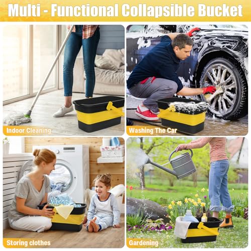 Collapsible Mop Bucket for Cleaning with Handle, Square Foldable Bucket - color: Grey Yellow