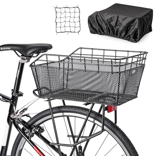 Rear Bike Basket - Bicycle Rear Basket with Cargo Net and Waterproof Cover