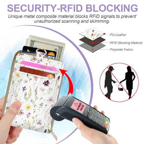 Floral ID Badge Holder & Lanyard Wallet, Cute RFID Women ID Badge Wallet for Women, Credit Card Holders with Zipper Pocket Keychain Phone Lanyard Wrist Strap for Teacher Nurse Gifts - color: White Flowers Leaves