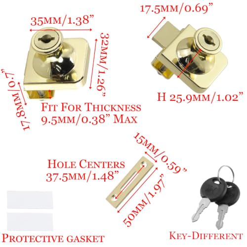 Gold Glass Case Lock, 1.38x1.26 Inch Rectangle, 2 Sets, Keyed Different - color: Gold, size: 1.38 x 1.26 Inch
