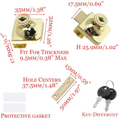 Gold Glass Case Lock, 1.38x1.26 Inch Rectangle, 2 Sets, Keyed Different - color: Gold, size: 1.38 x 1.26 Inch