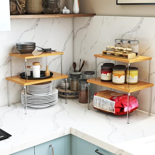 Jolitac Cabinet Organizer Shelf - Set of 4 Clear Acrylic Spice Rack, Stackable Pantry Storage Shelves for Kitchen Counter, Bathroom, Desk - Multi-Purpose Bamboo Space Saving Shelves, Easy Assembly