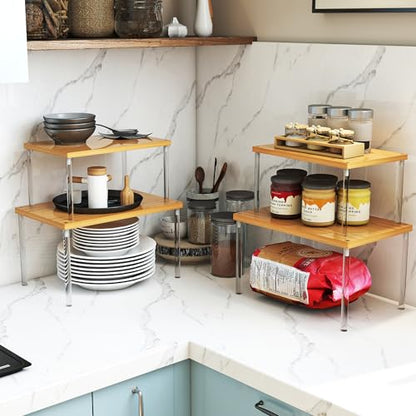 Jolitac Cabinet Organizer Shelf - Set of 4 Clear Acrylic Spice Rack, Stackable Pantry Storage Shelves for Kitchen Counter, Bathroom, Desk - Multi-Purpose Bamboo Space Saving Shelves, Easy Assembly