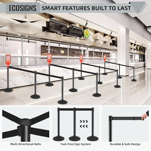 ECOSlGNS 12 Pack Crowd Control Stanchions with Retractable Belts - Commercial Black Stanchions with Heavy Duty Base & Sign Holders for Queue Management - color: Black, size: Round Base - 12 Pack