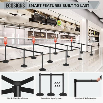 ECOSlGNS 12 Pack Crowd Control Stanchions with Retractable Belts - Commercial Black Stanchions with Heavy Duty Base & Sign Holders for Queue Management - color: Black, size: Round Base - 12 Pack