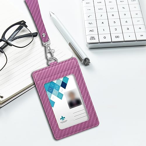 Carbon Fiber Work ID Card Holder with Lanyard,Pink - color: Pink