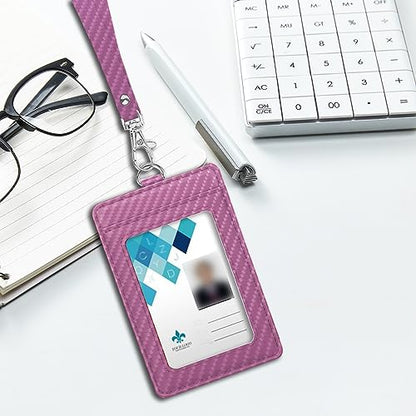Carbon Fiber Work ID Card Holder with Lanyard,Pink - color: Pink
