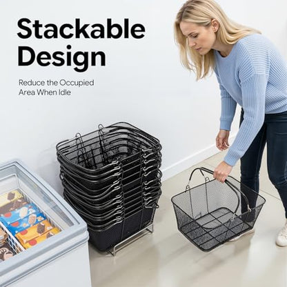 12Pcs Shopping Baskets with Handles Black Stackable Iron Max 22Lbs