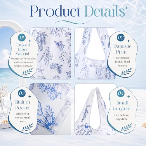 Abbylike 6 Pcs Reusable Grocery Bags 50lbs Coastal Foldable Shopping Bag - color: Blue White, style: Ocean