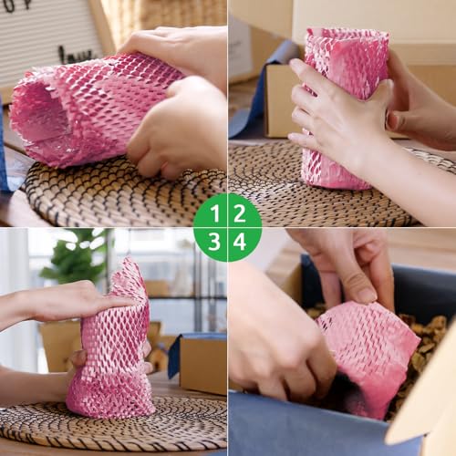 Honeycomb Packing Paper PINENUTS 15" x 131' Eco Friendly Packing Paper for Moving Recyclable Honeycomb Paper Bubble Paper Wrapping with 30 Fragile Sticker Labels and 66fthemp rope (Pink) - color: Pink
