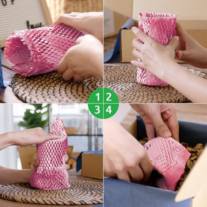 Honeycomb Packing Paper PINENUTS 15" x 131' Eco Friendly Packing Paper for Moving Recyclable Honeycomb Paper Bubble Paper Wrapping with 30 Fragile Sticker Labels and 66fthemp rope (Pink) - color: Pink