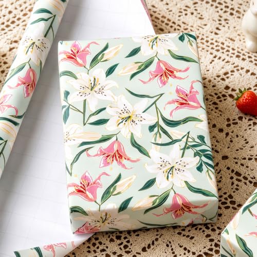 Burymento Green Floral Wrapping Paper Roll for Women Girls - color: Green - Lily Floral
