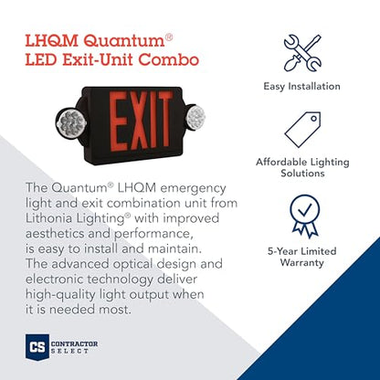 Lithonia Lighting LHQM Quantum LED Exit Sign/Emergency Light Combo, Exit Sign and Emergency Lights for Business, 2-Head Fixture, Red Letters, 180 Lumens, MVolt, 4 Watts, Black - color: Red (Black Housing), size: 19.25" | Sign & Round Light Combo