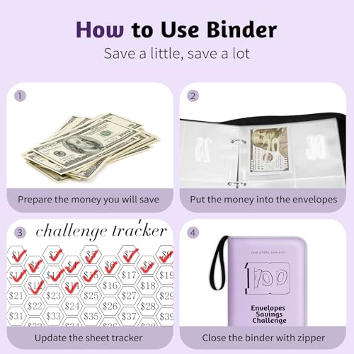 RONMONG 100 Envelope Challenge Binder, Money Saving Binder, Budget Book - color: Purple Style 2