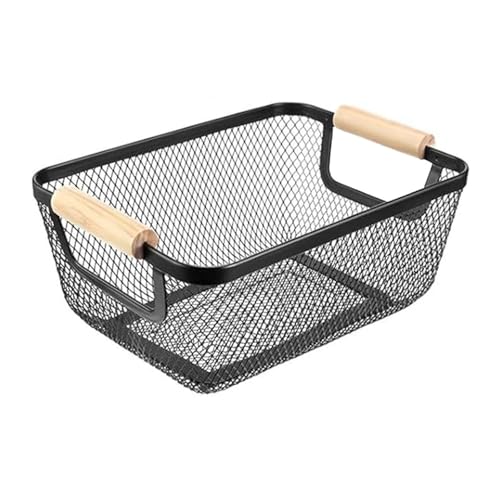 AJIODA Metal Mesh Steel Basket, Small Wire Storage Organizer Basket Multi-function Hanging Kitchen Basket with Wood Handle for Kitchen Bathroom Picnic Home, Rectangle-Black - color: Black, size: 1Pack-Small