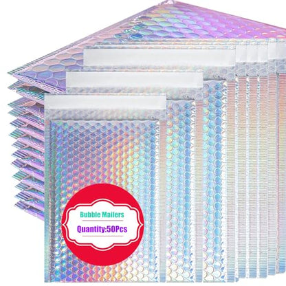 50 PCS Metallic Bubble Mailers,Poly Padded Envelopes,3 Sizes - color: Rainbow Color, 3 Size