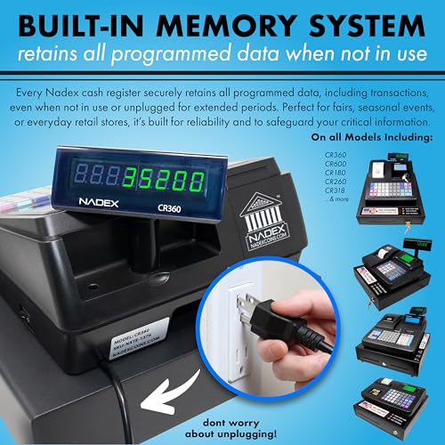 Nadex CR360 Cash Register, 4700 Lookups 50 Dept 50 Clerks, Quick Load Thermal Printer, Compact Size, Cash and Coin Drawer, White - color: White