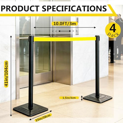 4 Pack Crowd Control Stanchions with 10FT Retractable Yellow Belt - color: Yellow Belt