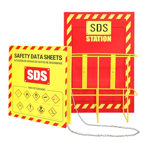 MSDS SDS Binder and Wall Station,Yellow Heavy Duty 3 Inch Material Safety Data Sheet 3 Ring Binder with SDS Wire Rack and Display Sign, Chain,Mounting Hardware,Safety Posters,MSDS Labels