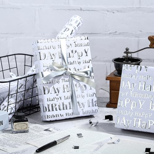 WRAPAHOLIC 30 Inch 3D Kraft Birthday Wrapping Paper Roll - 30 Inch x 16.5 Feet - Silver and White Happy Birthday Wrapping Paper with Embossed Perfect for Holiday, Party Celebration - color: White & Silver Happy Birthday, size: 30 inch x 16.5 feet