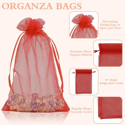 100 Organza Bags, 4x6 inch Mesh Drawstring Bags - Red Sheer Wedding Party Favor Bags for Jewelry, Candy, Party, Christmas, Valentines, Baby Shower - color: Red