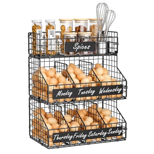 Egg Holder Countertop with 5 Dividers & DIY Nameplate to Separate Eggs - color: Black, size: 3-Tier X-Large