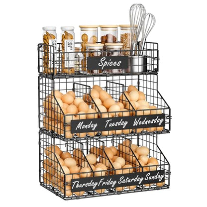 Egg Holder Countertop with 5 Dividers & DIY Nameplate to Separate Eggs - color: Black, size: 3-Tier X-Large