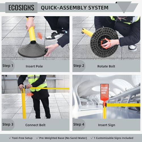 ECOSlGNS 6 Pack Stanchions with 10ft Retractable Belts - Yellow Stanchion Posts Set Crowd Control Barriers Line Dividers with Weighted Rubber Base & Sign Holders for Queue Management - color: Yellow- 6 Packs