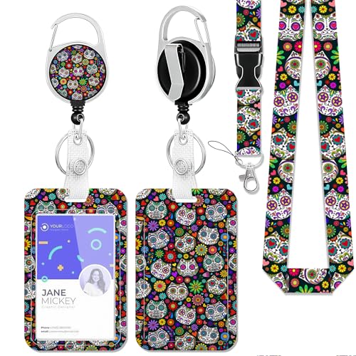 Halloween Sugar Skull Cat Badge Holder with Retractable Reel Clip,Day of the Dead Lanyards for Id Badges,Plastic Case with Carabiner Clip Vertical ID Card Protector for Women Student Office Gifts - color: Sugar Skull Cat Day of the Dead