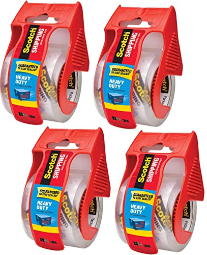Scotch Heavy Duty Shipping Packaging Clear Tape FPMJY, 1" Core, 1.88" x 22.2 Yard, Red Dispenser, 4-Pack