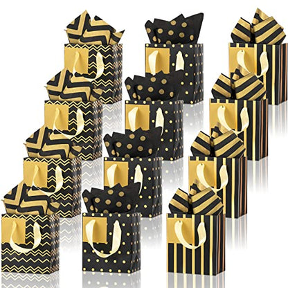 Tenare 12 Pcs Small Gift Bags Bulk,4 x 2.75 x 4.5 Inch,Black Gold - color: Black Gold, size: 4 x 2.75 x 4.5 Inch