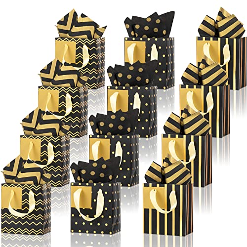 Tenare 12 Pcs Small Gift Bags Bulk,7 x 4 x 9 Inch,Black Gold - color: Black Gold, size: 7 x 4 x 9 Inch