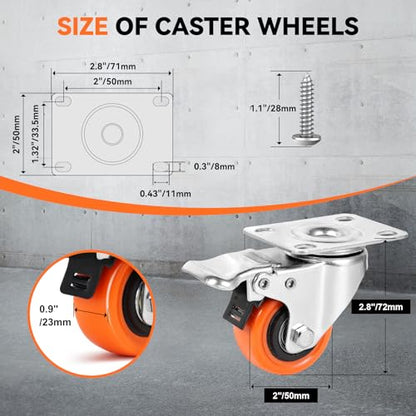 W B D WEIBIDA 2" Plate Caster Wheels Heavy Duty 600 Lbs Load Capacity Swivel Casters with Brake Set of 4, Safety Dual Locking, No Noise Wheels for Furniture, Carts (Screws and Screwdriver) - size: 2 INCH