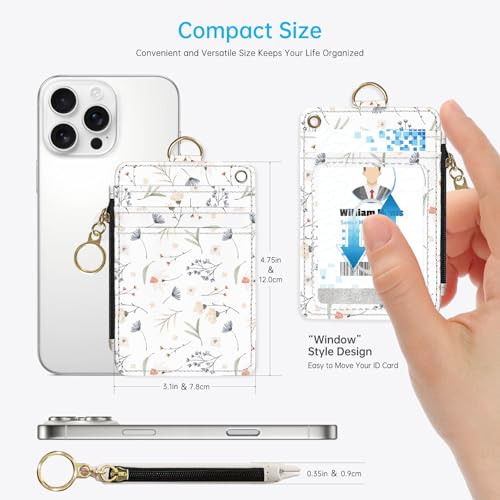 2-in-1 ID Badge Holder & Lanyard Wallet，Cute Zippered Pouch White Flowers - color: White Flowers