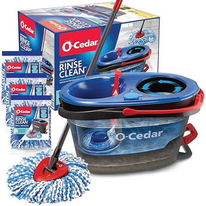 O-Cedar EasyWring RinseClean Microfiber Spin Mop & Bucket Floor Cleaning System with 3 Extra Refills, Plastic, Grey - color: Rinseclean Spin Mop & Bucket + 3 Extra Refills