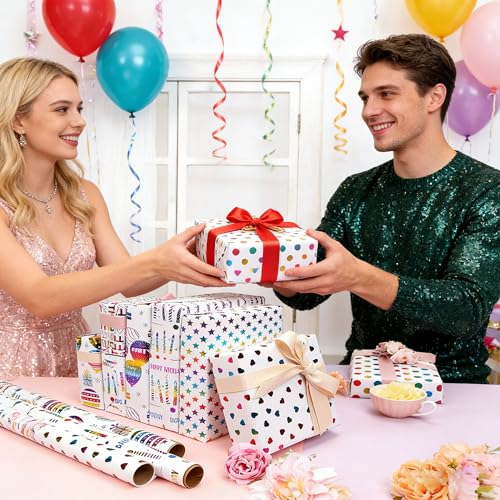 VOWOVOSDAY Happy Birthday Wrapping Paper Roll-3 Rolls-17 inch x 120inch Per roll-Colorful Foil Birthday Wrapping Paper for Valentine's Day,Kids Girls Birthday,Baby Shower(10Balloon&Candle) - color: Iridescent Happy Birthday & Balloon & Candle