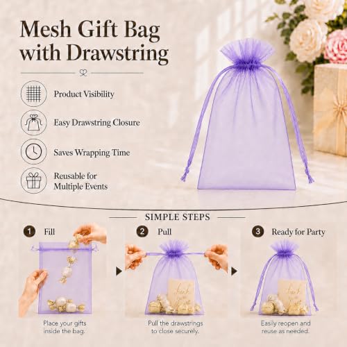 Jexila 100 Pack Light Purple Organza Gift Bags 5X7 In Mesh Drawstring Pouch - color: Lavender