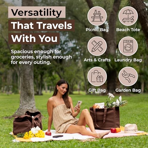VeraMia Canvas Grocery Bag 3pc XL Set with Real Pockets, Long Shoulder Strap and Short Handle. Heavy Duty, Foldable, Washable - color: Dark Chocolate