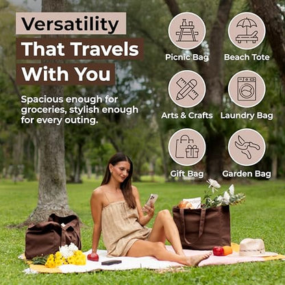 VeraMia Canvas Grocery Bag 3pc XL Set with Real Pockets, Long Shoulder Strap and Short Handle. Heavy Duty, Foldable, Washable - color: Dark Chocolate