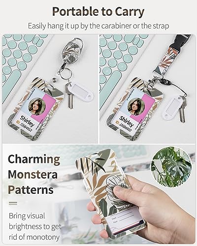 Uniclife Floral Sliding Badge Holder Monstera Leaves Plastic Case with Retractable Badge Reel Carabiner Clip and Detachable Lanyard Strap Vertical Card Protector for Women Nurse Teacher Student - color: Monstera Leaves