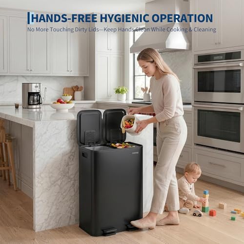 2x8 Gal Dual Compartment Stainless Steel Kitchen Trash Can with Lid, 30L+30L Recycling Garbage Bin, Soft Close Foot Pedal Trash Bin with 2 Removable Inner Buckets, Fingerprint Resistant for Home Offic - color: Black, size: 2x8 Gal