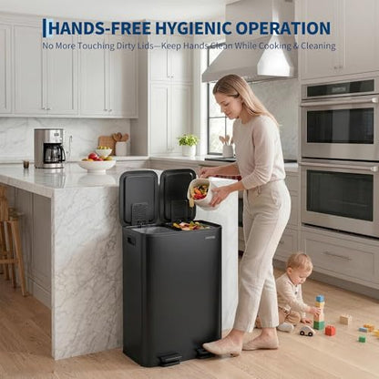 2x8 Gal Dual Compartment Stainless Steel Kitchen Trash Can with Lid, 30L+30L Recycling Garbage Bin, Soft Close Foot Pedal Trash Bin with 2 Removable Inner Buckets, Fingerprint Resistant for Home Offic - color: Black, size: 2x8 Gal