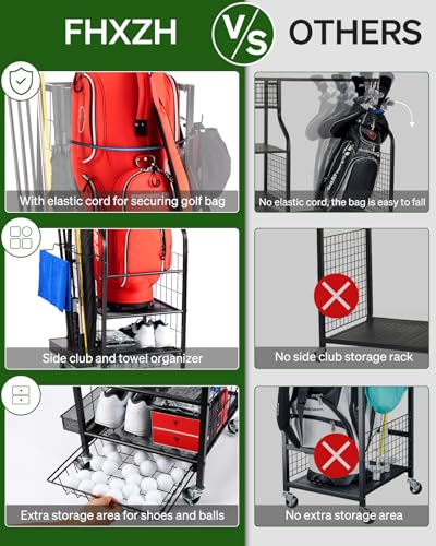 FHXZH Golf Bag Storage Garage Organizer - Golf Bag Stand with Wheels - color: Black - With Bottom Drawer Basket