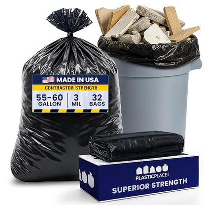 Plasticplace Contractor Trash Bags 55-60 Gallon │ 3.0 Mil │ Black Heavy Duty Garbage Bag │ 38” x 58” (32 Count) - color: Black, size: 1 Count (Pack of 32)