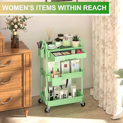 Goovilla 3 Tier Rolling Utility Cart Organizer with Removable Drawer, Green - size: 3 Tier, style: Green