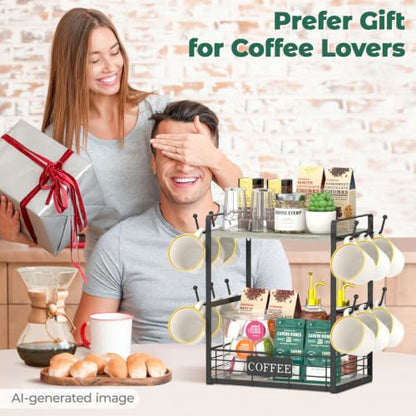EsLuker.ly Coffee Mug Cup Holder Tree Bar Station Organizer, 2 Tier Light Grey - color: Light Grey + Black
