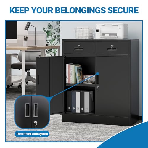 Metal Storage Cabinet, 36" Locking Cabinet with 2 Drawers & Shelves - color: Black, size: 36"H×32"W×16"D-2Drawer