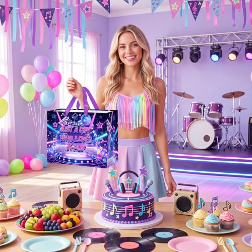 Hkshaoda Kpop Gift Bag Just A Girl Who Loves KPOP Wrapping Paper Large Disco Music Gift Bag with Tissue Paper and Card Kpop Party Decor for Teen Girls Birthday Party Supplies 11.8in