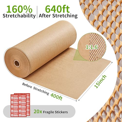 JARLINK Stretch Film, 15"x 1000Ft Shrink Wrap and 15"x 400' Honeycomb Packing Paper, Bubble Packing Wrap